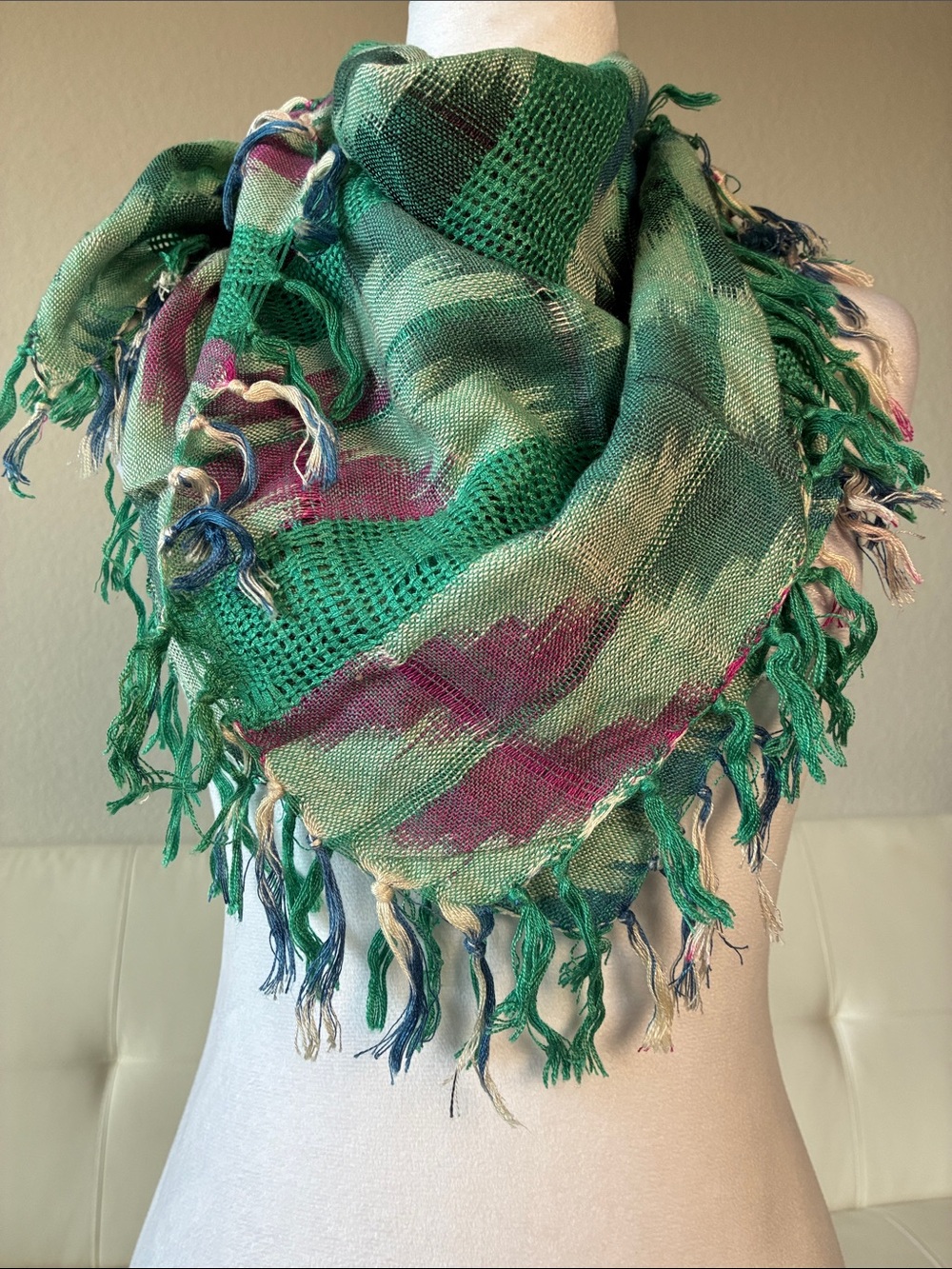 Berkshire 100% Rayon Teal Green Blue Purple Geometric Fringe Scarf Wrap- Fringe